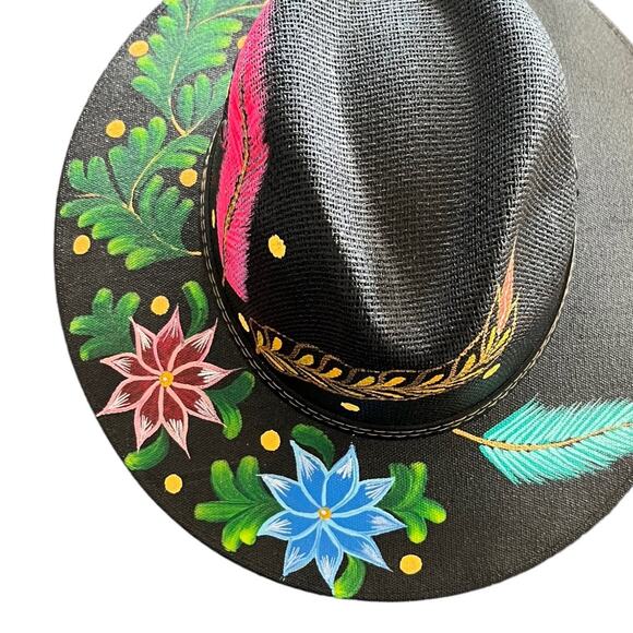 HAT MEXICAN Artisanal Hand Painted Fedora Floral Sombrero Panama Bohemian Black main image 5